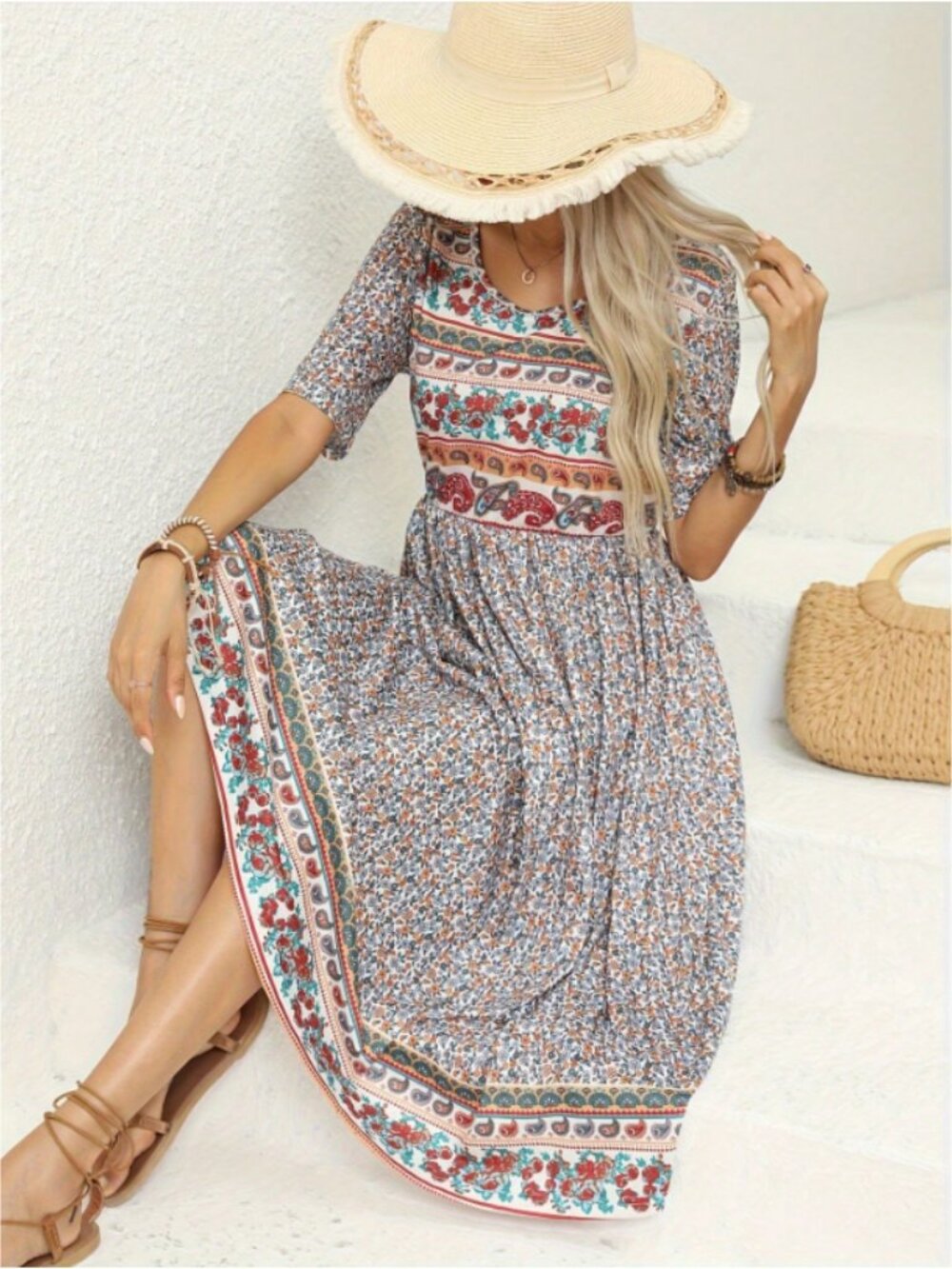 Boho Floral Print Loose Fit Short Sleeve Round Neck Maxi Dress XL